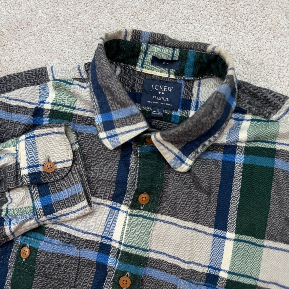 J.Crew Mens M Flannel Shirt Gray Blue Green Plaid Slim Fit Herringbone Cotton